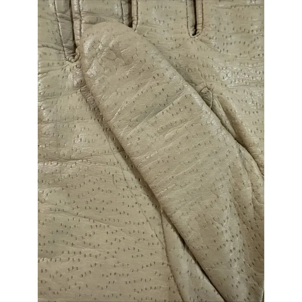 Vintage 70s Women M Tan Leather Driving Gloves Pierced Distressed Pin Dot Dress